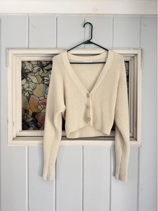 Good American Sweaters - Good American Cream Ribbed Button-Up Cardigan Sweater Size 0